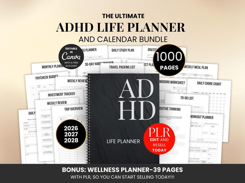 ADHD Life Planner & Calendar Bundle Pdf, Adhd Digital and Printable Planner PLR, Editable Canva Productivity Journal with Resell Rights image 1