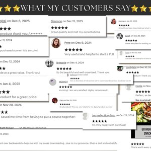 May include: Image showcasing customer testimonials with star ratings and comments. The text includes phrases like "Great product" and "Very useful." The overall theme is positive feedback for a digital product.