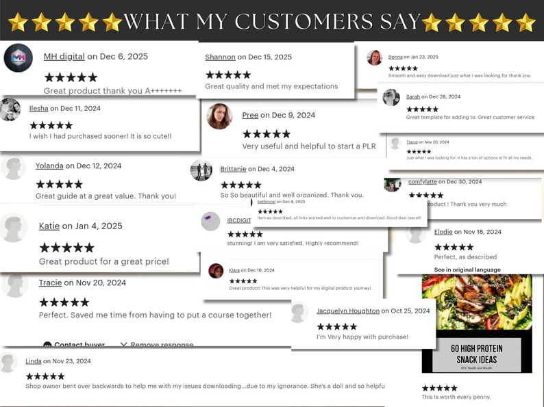 May include: Image showcasing customer testimonials with star ratings and comments. The text includes phrases like "Great product" and "Very useful." The overall theme is positive feedback for a digital product.