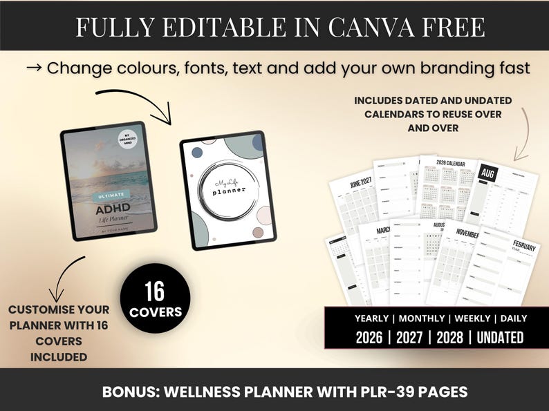 ADHD Life Planner & Calendar Bundle PLR Adhd Digital Planner with Resell Rights Canva Templates Editable Adhd Planner Printable Plr, plr digital products,  digital planner, printable planner, productivity planner, wellness planner