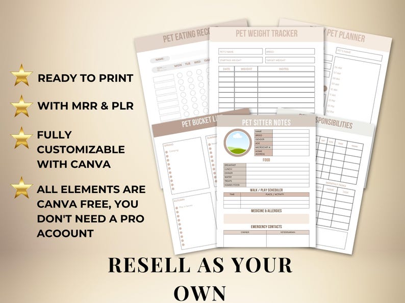 Pet Care Planner Printable, Pet Checklist Template Canva, Digital Pet Planner with Master Resell Rights, Canva Template Plr Mrr image 5