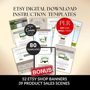Etsy Digital Download Instruction Templates Bundle with PLR, Canva Editable Etsy Shop Tools Bundle,  Thank You Page Template Resell Rights