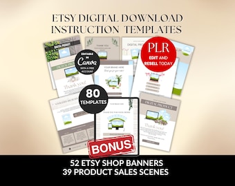 Etsy Digital Download Anleitung Vorlagen Bundle mit PLR, Canva Bearbeitbares Etsy Shop-Werkzeugpaket, Danke Seite Vorlage Wiederverkaufsrechte
