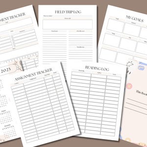 May include: A set of printable planner pages with a light pink and beige color scheme. The pages include a calendar, assignment tracker, field trip log, reading log, and a "My Goals" page. The pages are designed for students and feature a simple, minimalist style.