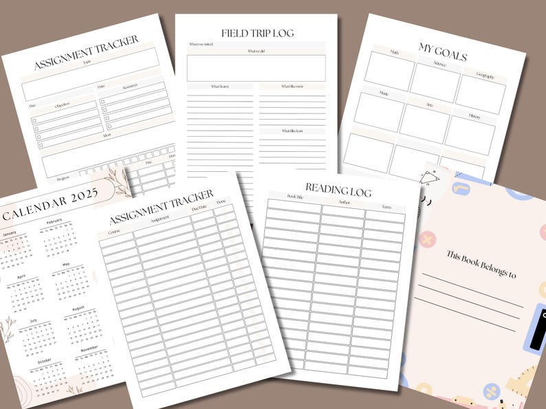 May include: A set of printable planner pages with a light pink and beige color scheme. The pages include a calendar, assignment tracker, field trip log, reading log, and a "My Goals" page. The pages are designed for students and feature a simple, minimalist style.