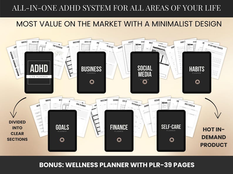 ADHD Life Planner & Calendar Bundle PLR Adhd Digital Planner with Resell Rights Canva Templates Editable Adhd Planner Printable Plr, plr digital products,  digital planner, printable planner, productivity planner