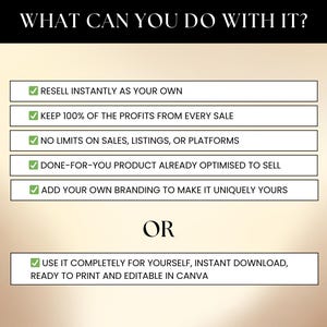 May include: A graphic with the text "WHAT CAN YOU DO WITH IT?" lists options like reselling, keeping profits, and branding. It also offers the option to use the product for personal use, with instant download and Canva editing.