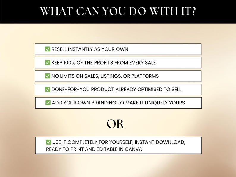 May include: A graphic with the text "WHAT CAN YOU DO WITH IT?" lists options like reselling, keeping profits, and branding. It also offers the option to use the product for personal use, with instant download and Canva editing.
