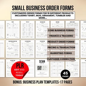 Pode incluir: Um conjunto de formulários de pedido para pequenas empresas com 45 páginas, incluindo modelos para finanças, marketing e conexão com o cliente. Os formulários são projetados para 18 produtos diferentes, como camisetas e canecas. Bônus: 17 modelos de plano de negócios.