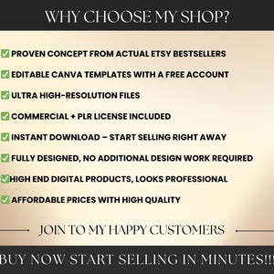 May include: Image with text: "WHY CHOOSE MY SHOP?" followed by a list of benefits, including "Proven concept from actual Etsy bestsellers" and "Instant download - start selling right away." The bottom reads "Buy now start selling in minutes!!!"