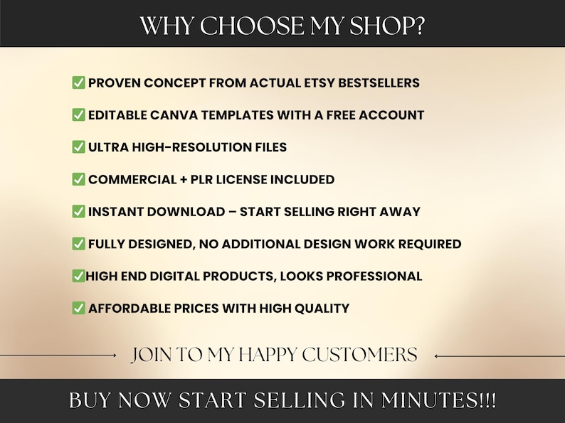 May include: Image with text: "WHY CHOOSE MY SHOP?" followed by a list of benefits, including "Proven concept from actual Etsy bestsellers" and "Instant download - start selling right away." The bottom reads "Buy now start selling in minutes!!!"