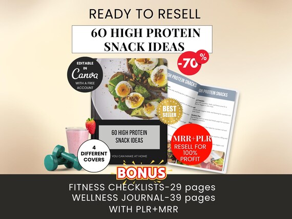 High Protein Snack Ideas Resell Ebook Canva Template PLR MRR Wellness Journal Tracker Fitness Templates Plr Digital Products Passive Income