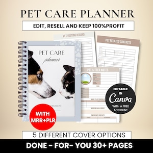 Planejador de cuidados com animais de estimação para impressão, modelo de lista de verificação para animais de estimação Canva, planejador digital para animais de estimação com direitos de revenda, modelo Canva PLR Mrr