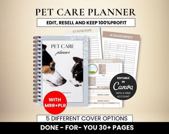 Pet Care Planner Printable, Pet Checklist Template Canva, Digital Pet Planner with Master Resell Rights, Canva Template Plr Mrr