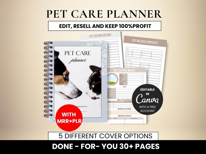 Pet Care Planner Printable, Pet Checklist Template Canva, Digital Pet Planner with Master Resell Rights, Canva Template Plr Mrr image 1