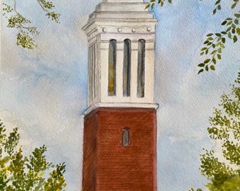 May include: A watercolor painting of a tall brick tower with a white top. The tower has several windows and is surrounded by green trees.