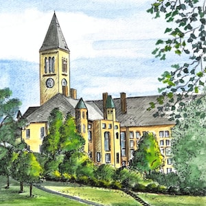 May include: Watercolour painting of a yellow building with a tall clock tower. The building is surrounded by green trees and a grassy lawn. The painting is signed "Dale The Jew" and dated "2011".