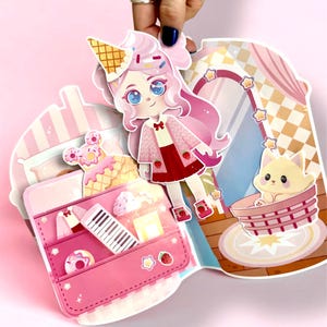 Druckbares Puppenhaus für Papierpuppen mit Cupcake-Motiv, Digitaler Download, Basteln für Kinder, Papierpuppe rosa Eis