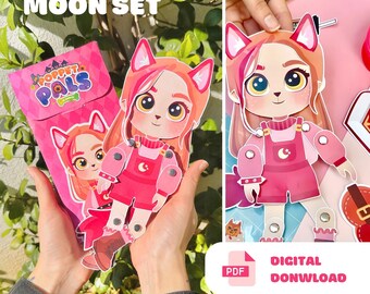 Paper doll articulated, Werewolf pink moon girl set, Printable paper doll dress up kit, instant download
