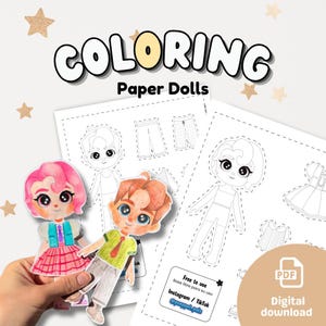 Printable Paper Dolls. Digital download. DIY Cutout Doll Set. Coloring Activity for Kids