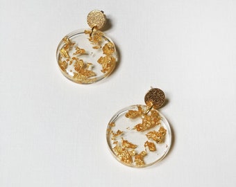 The Orla, Circle Shaped Golden Flakes Resin Statement Earrings by Sheena Solis