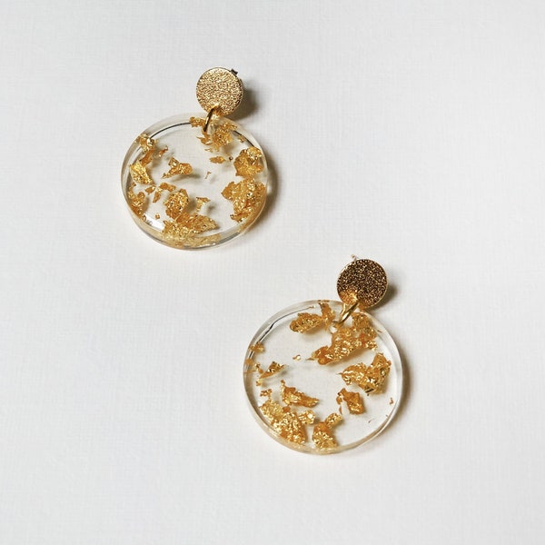 The Orla, Circle Shaped Golden Flakes Resin Statement Earrings by Sheena Solis