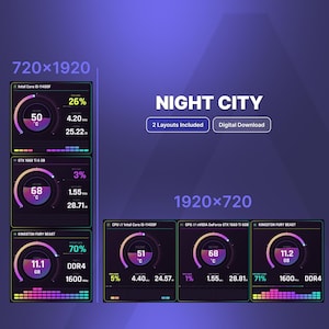 May include: A digital dashboard display titled NIGHT CITY featuring two layouts with 720x1920 and 1920x720 resolutions. The interface shows system monitoring data for an Intel Core i5-11400F CPU, NVIDIA GeForce GTX 1660 Ti GPU, and Kingston Fury Beast DDR4 memory.