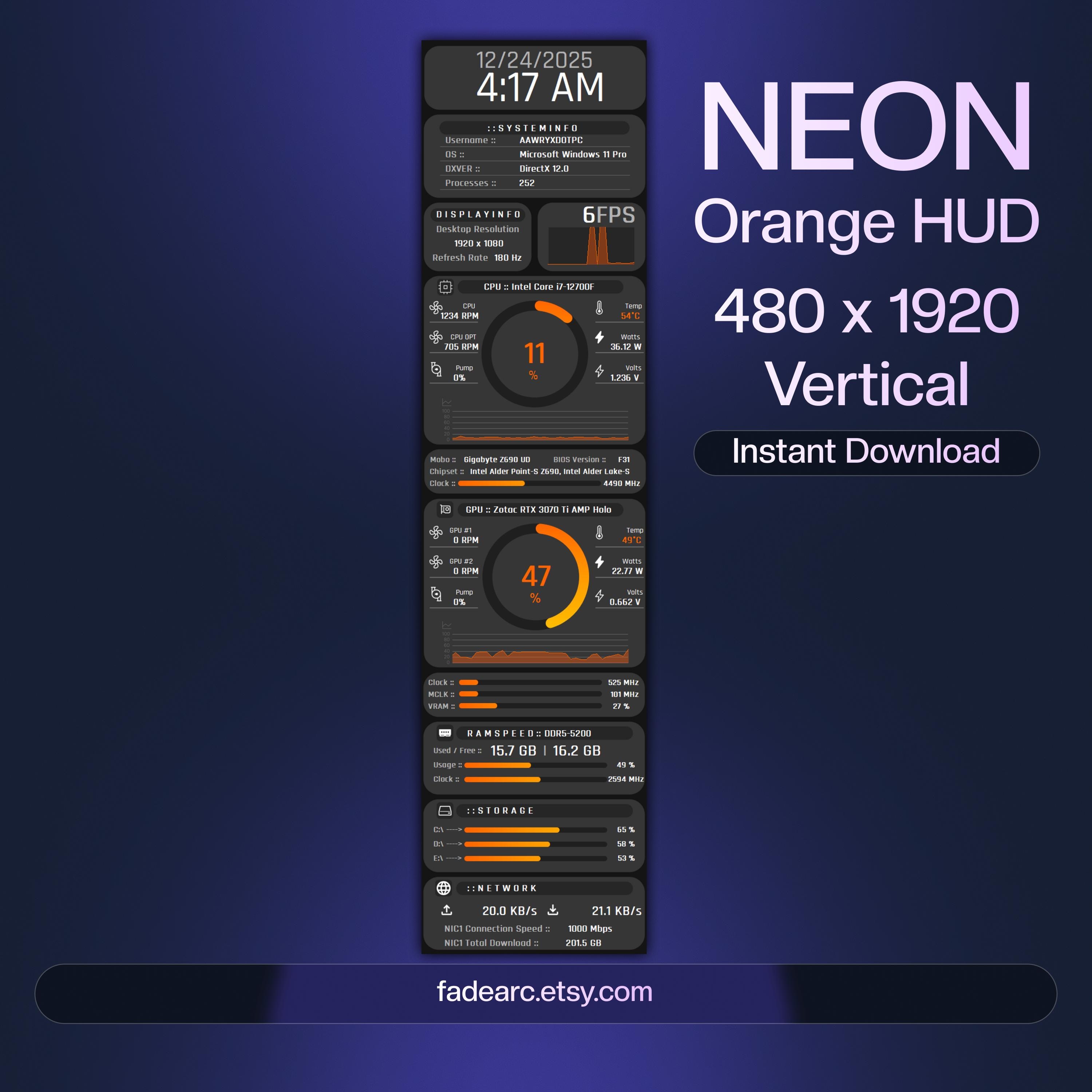 AIDA64 Sensor Panel Skin 480x1920 (vertical) | Neon Orange HUD