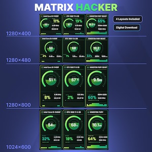 Puede incluir: Una pantalla digital titulada MATRIX HACKER que muestra cuatro diseños diferentes de monitoreo de hardware de computadora con medidores circulares verdes y texto para componentes Intel Core i5-11400F, GTX 1660 Ti 6 GB y Kingston Fury Beast.