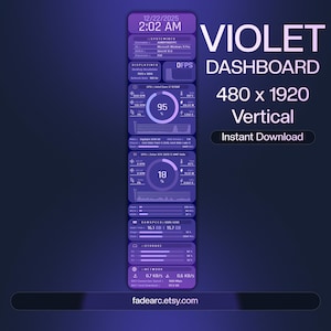 Puede incluir: Un diseño de panel violeta vertical con información del sistema, incluido el uso de CPU y GPU, la velocidad de la RAM y los datos de la red. El diseño incluye el texto "VIOLET DASHBOARD 480 x 1920 Vertical Instant Download". La URL de la tienda Etsy también es visible.