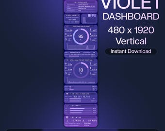 May include: A vertical violet dashboard design with system information, including CPU and GPU usage, RAM speed, and network data. The design includes the text "VIOLET DASHBOARD 480 x 1920 Vertical Instant Download". The Etsy shop URL is also visible.