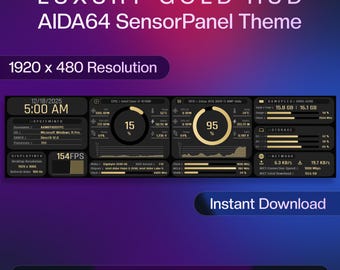 May include: A digital AIDA64 SensorPanel theme with a gold and black interface. The display shows system information including CPU and GPU usage, RAM, storage, network speeds, and frame rates with a 1920 x 480 resolution. Text includes LUXURY GOLD HUD.