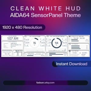 Könnte beinhalten: Ein weißes und graues AIDA64 SensorPanel-Design mit einer Auflösung von 1920 x 480. Das Display zeigt Systeminformationen, einschließlich CPU, GPU, RAM und Netzwerkdaten. Der Text "Instant Download" ist sichtbar.