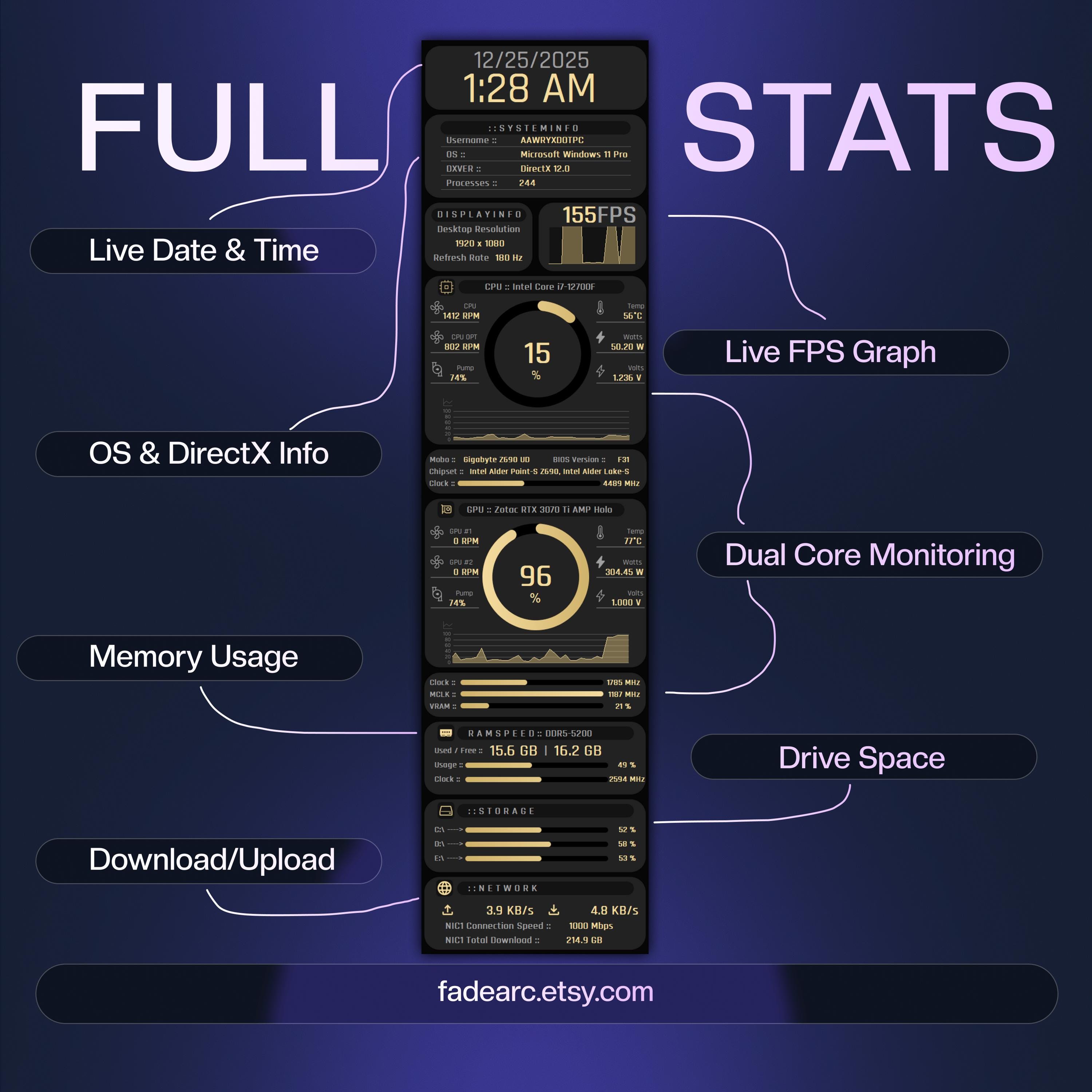 AIDA64 Sensor Panel Skin 480x1920 (vertical) | Luxury Gold HUD