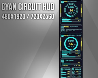 Könnte beinhalten: Ein vertikales digitales Dashboard-Display mit der Aufschrift CYAN CIRCUIT HUD 480X1920 / 720X2560. Die Benutzeroberfläche zeigt cyanfarbenen und gelben Text auf dunklem Hintergrund mit Systemmetriken wie CPU-Last, GPU-Auslastung und Temperaturen.