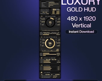 May include: A vertical digital display with a black background and gold-colored text and graphics. The display shows system information, including CPU usage, RAM speed, and network data. The text "LUXURY GOLD HUD" is prominently displayed, along with the dimensions 480 x 1920.