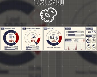 May include: AIDA64 system monitoring interface displaying real-time data. The interface shows CPU, GPU, and RAM usage, temperatures in Celsius, storage, network activity, and cooling fan speeds. The display is set at 1920 x 480 resolution.