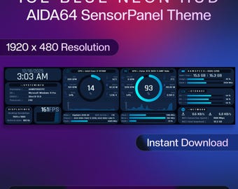 May include: An Ice Blue Neon HUD AIDA64 SensorPanel theme with a 1920 x 480 resolution. The digital interface displays system information including CPU and GPU usage, RAM speed, storage, network activity, date, time, and frame rate in a dark blue layout.