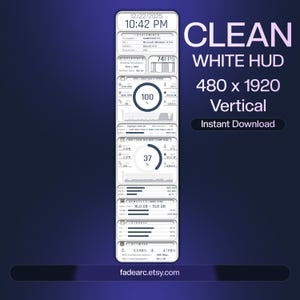 Könnte beinhalten: Eine vertikale digitale Anzeige mit einem sauberen weißen HUD-Design, das Systeminformationen anzeigt. Der Bildschirm zeigt Leistungskennzahlen, einschließlich CPU- und RAM-Auslastung, sowie Netzwerkdaten. Der Text auf dem Bildschirm lautet "CLEAN WHITE HUD 480 x 1920 Vertical Instant Download".