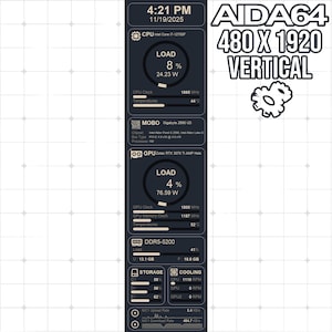Puede incluir: Interfaz del software AIDA64 que muestra información del sistema, incluyendo la carga de la CPU y la GPU, las velocidades de reloj y las temperaturas. El texto "480 X 1920 VERTICAL" también se muestra.