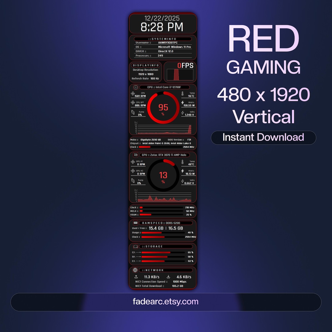 Panel sensor AIDA64 de 480 x 1920 (vertical) / HUD de juegos rojo ...