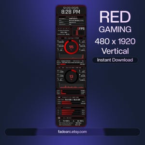 May include: A digital graphic with a dark background showing computer performance data in real-time. The design features red and white text, including "RED GAMING" and "480 x 1920 Vertical." The Etsy shop URL is visible at the bottom.