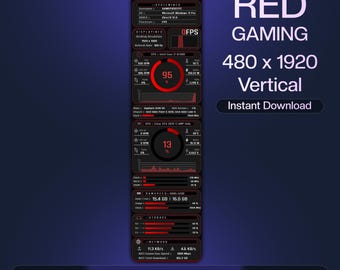 May include: A vertical digital graphic with a dark background displays real-time computer performance data. The design features red and white text, including "RED GAMING" and "480 x 1920 Vertical." The Etsy shop URL is visible at the bottom.