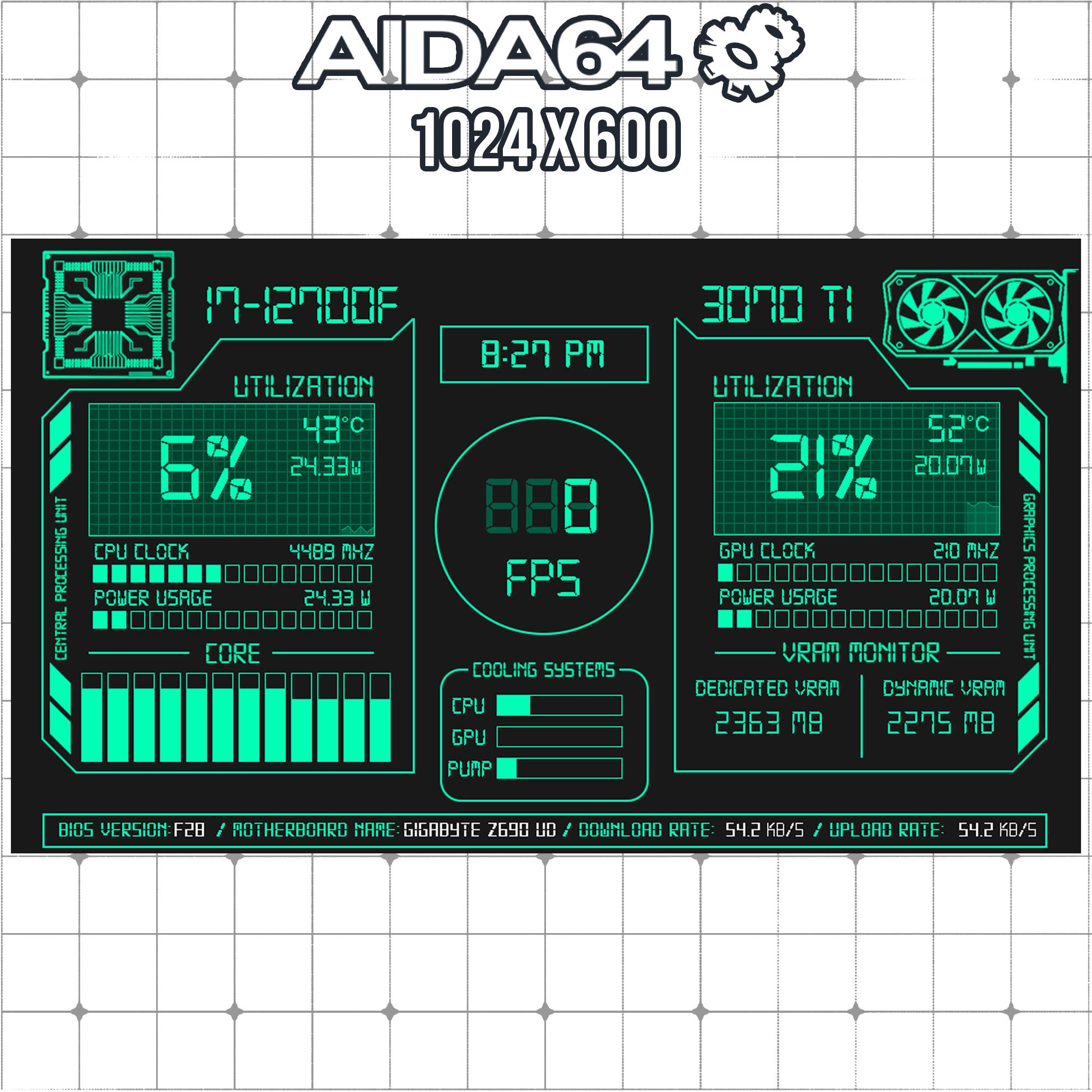 Digitallyページ AIDA64 Sensor Panel Skin 1024x600 | Cyber Green HUD | Sci-fi Tech