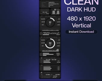 May include: A vertical digital display with a dark theme, showcasing system information. The display includes data on CPU, GPU, RAM, and network usage, with the text "CLEAN DARK HUD" and "480 x 1920 Vertical". The Etsy shop URL is visible.