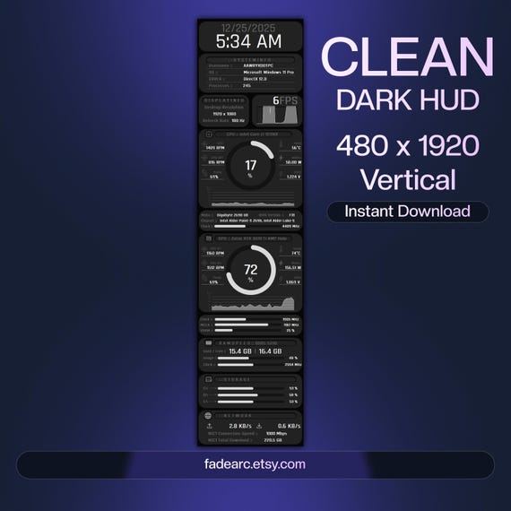 AIDA64 Sensor Panel Skin 480x1920 (vertical) | Clean Dark HUD