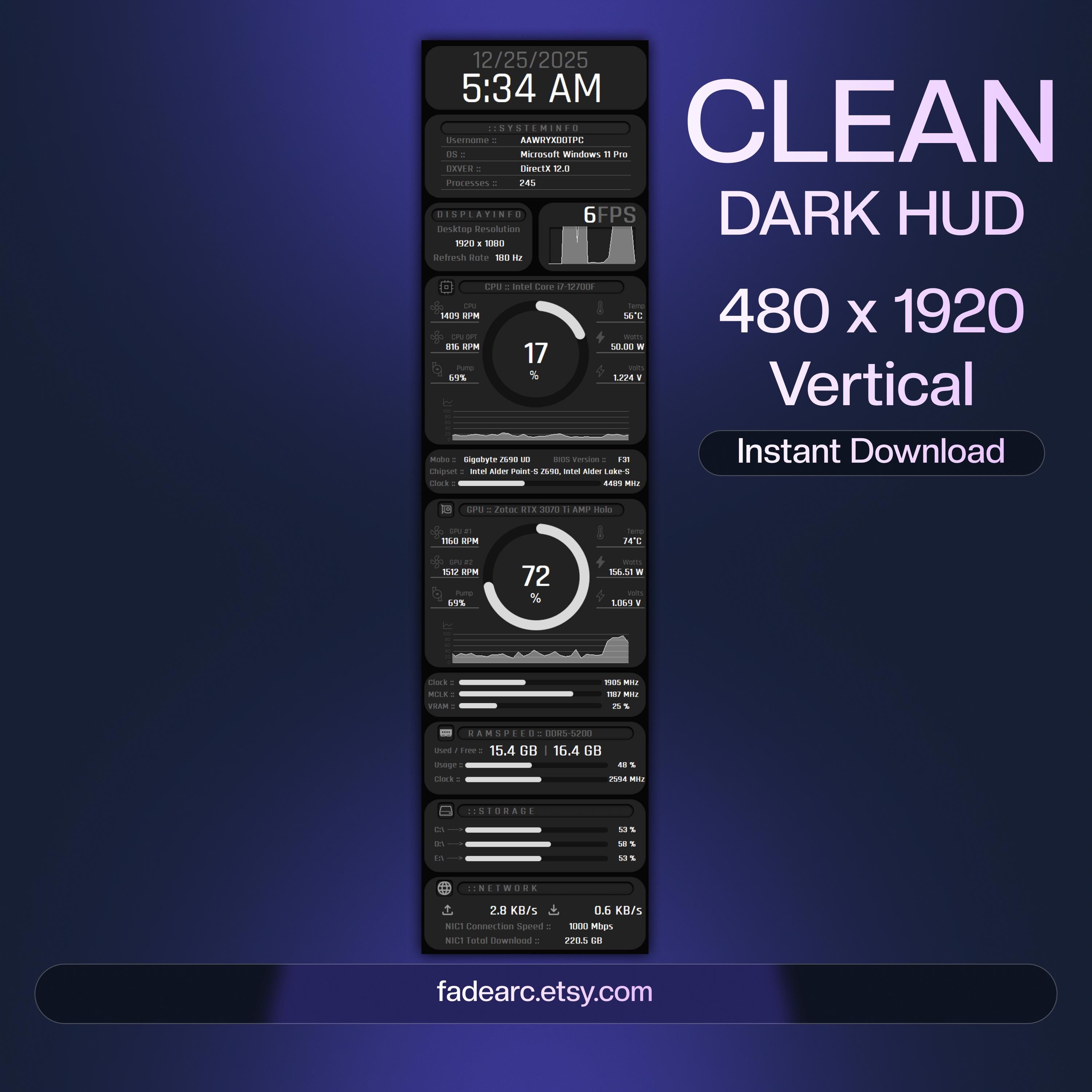 AIDA64 Sensor Panel Skin 480x1920 (vertical) | Clean Dark HUD