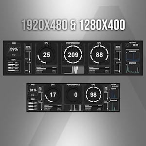 Puede incluir: Un panel de control digital para monitorear hardware de computadora con dos variantes etiquetadas 1920X480 y 1280X400. La interfaz presenta fondos negros con texto blanco y medidores circulares que muestran estadísticas de RAM, CPU, GPU y disco.