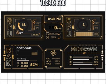 AIDA64 Sensor Panel Skin 1024x600 | Amber Gold UI | Futuristic Gaming Screen | Hardware Monitor Skin
