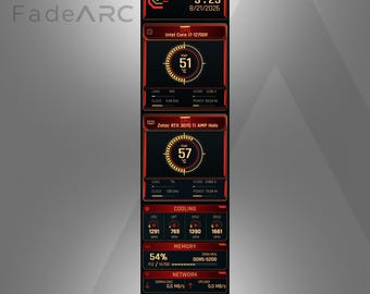 May include: A vertical digital system monitor interface with a black and red color scheme. It displays system time, Intel Core i7-12700F CPU and Zotac RTX 3070 Ti GPU metrics, cooling fan speeds, memory usage at 54%, network speeds, and storage drive utilization.